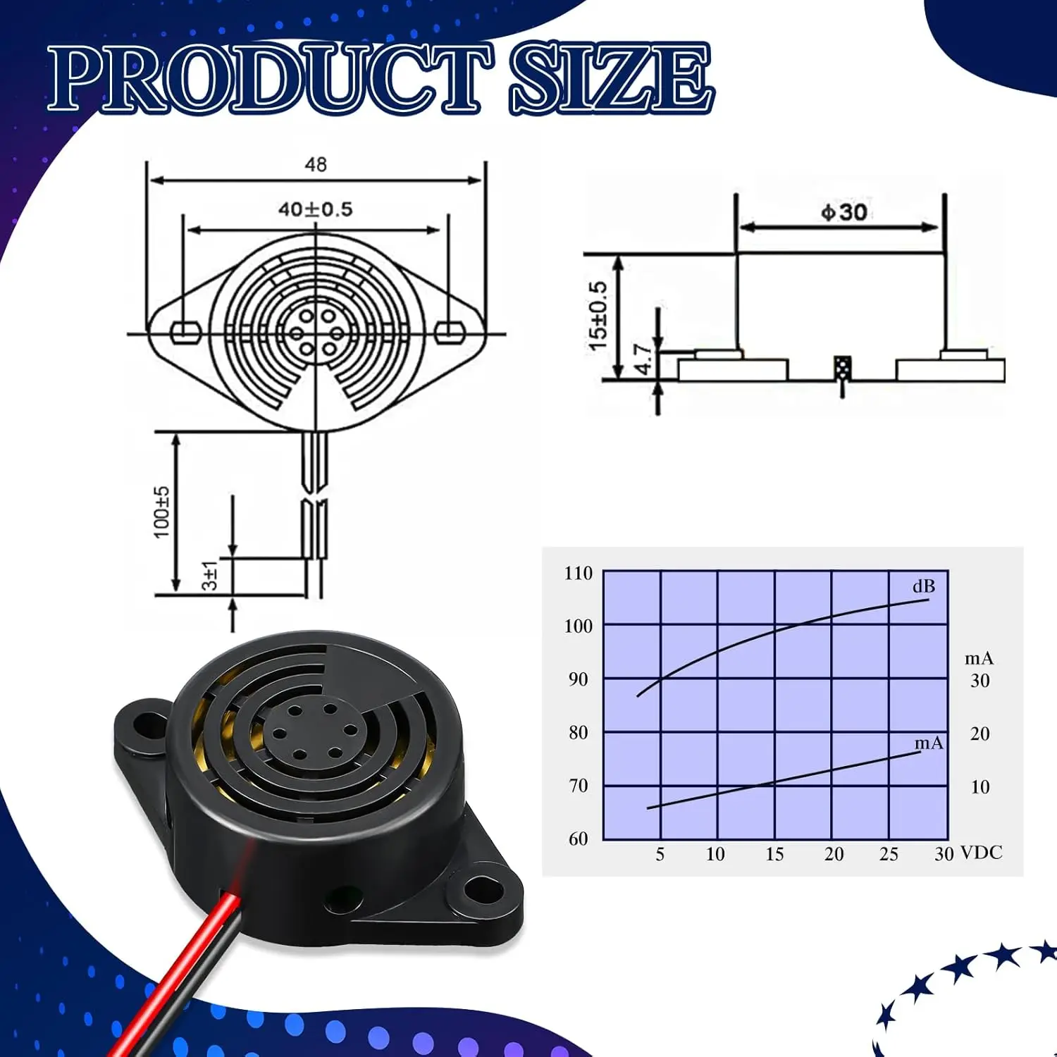 6개 DC 3-24V 95dB 전자 버저 액티브 피에조 버저 알람 사운더 연속음 비프음, 블랙