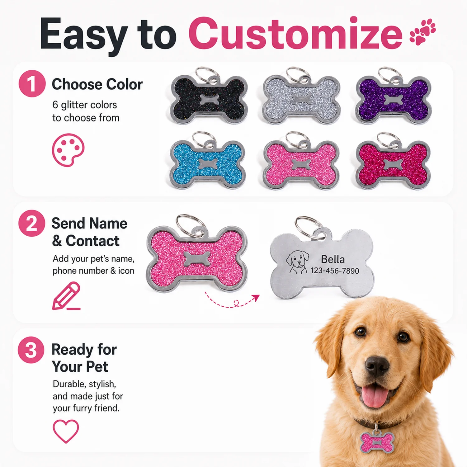 Personalized Bone-Shaped Dog ID Tag with Custom Text and Laser Engraving