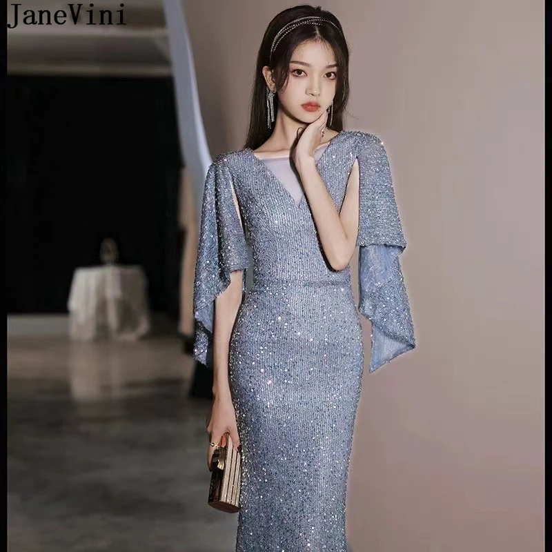 

JaneVini Sexy Mermaid Evening Dress Luxury 2023 Dubai Shiny Sequined Long V Neck Women Formal Prom Gowns Abendkleid Damen Lang