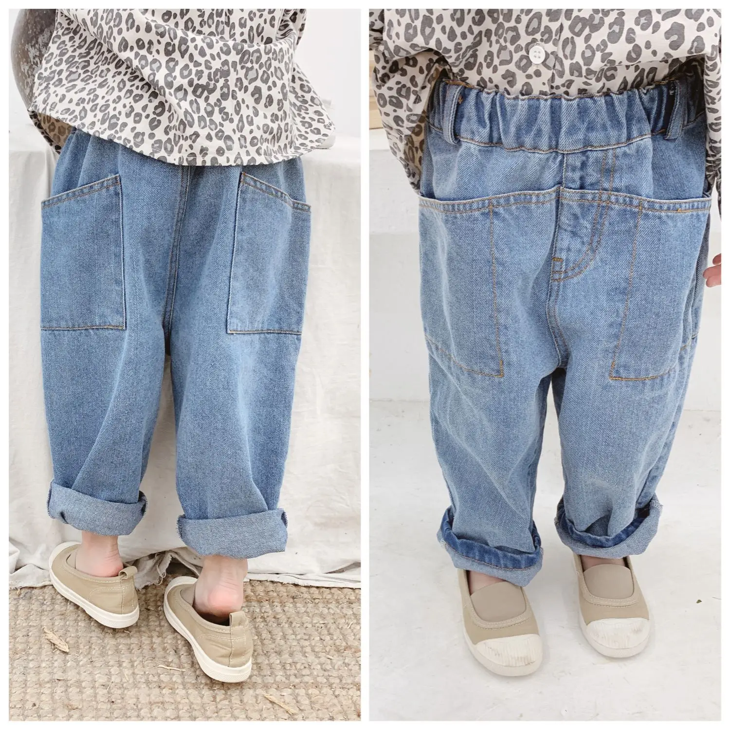

Korean Style Autumn Baby Boys Girls Pants Blue Jeans Denim Harem Pants with Pockets Capris Sweatpants Trousers Leggings
