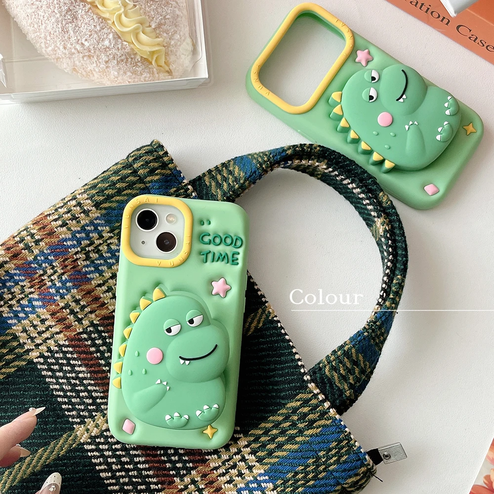 3D Cartoon Dinosaurier Teleskop Halterung Telefon Fall Weiche Silikon Ständer Halter Abdeckung Für iPhone 17 16 Plus 16e 15 14 13 12 Pro Max