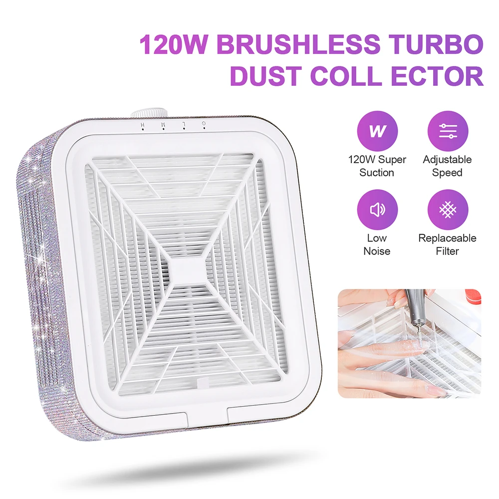 Diamond Brushless Nail Dust Collector 120W Powerful Nail Dust Extractor Super Suction Nail Vacuum Cleaner Nail Art Manicure Fan
