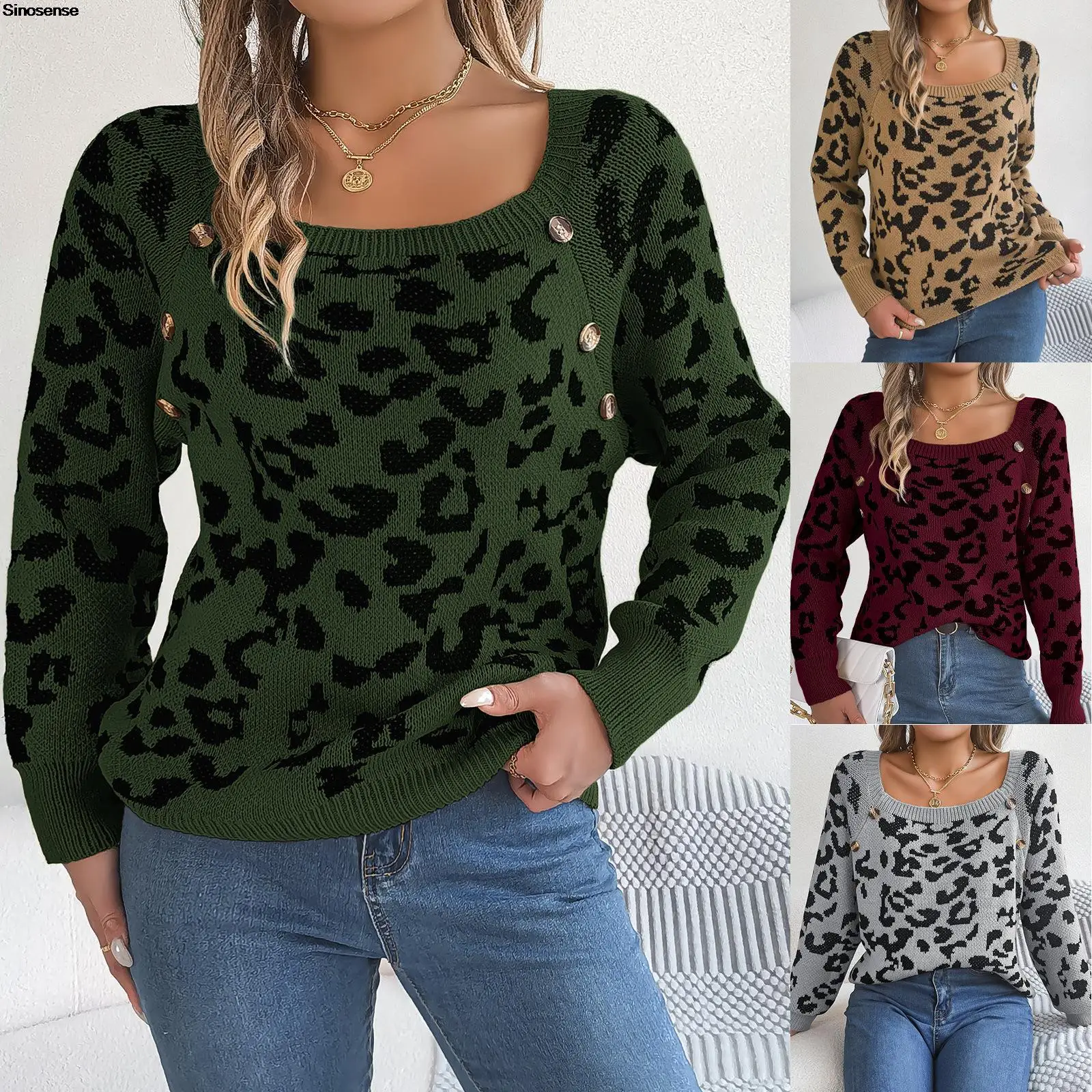 

Women's Leopard Printed Sweaters Casual Square Neck Long Sleeve Button Oversized Sweater Pullover Ribbed Knitted Jumpers Tops