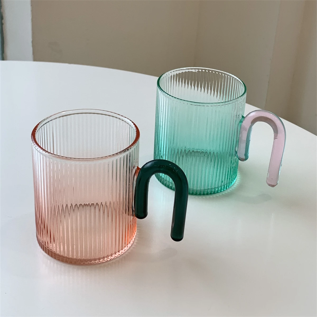 Korean Style Ins Style Colorful Vertical Pattern Glass Fresh Simple Couple Cup Household Tropical Handle Water Cup