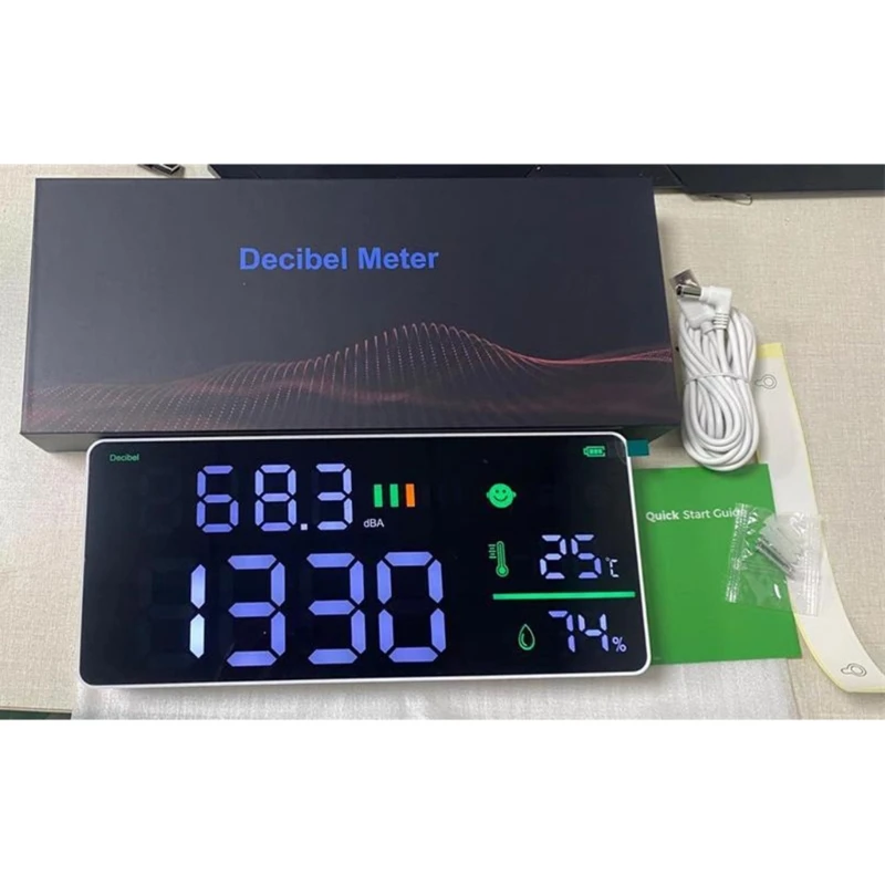 

Wall Mountable Sound Level Meter with Humidity & Temperature Clock Functions Accurate Monitoring Large LCD Display