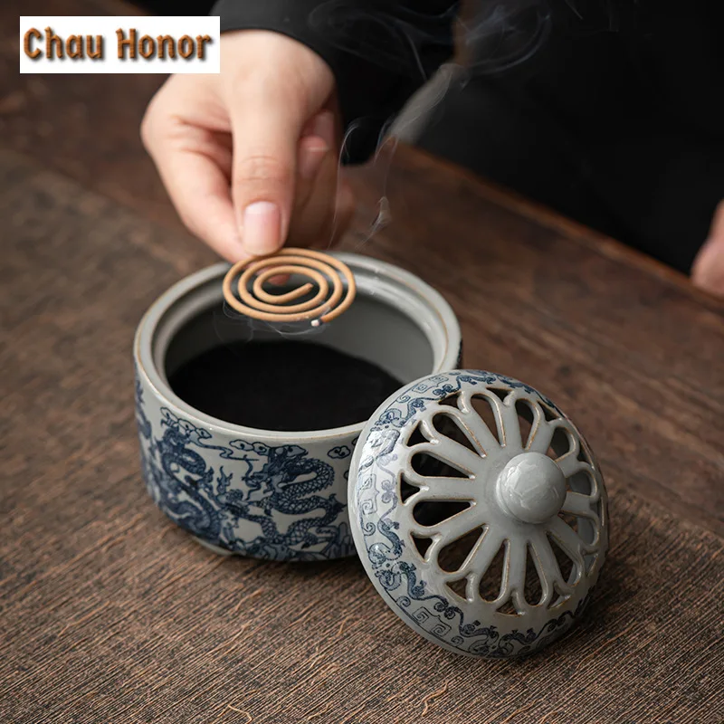 Antique Pottery Clay Path Incense Burner Blue and White Plate Aromatherapy Furnace Zen Dargon Censer Holder Handicraft Ornaments