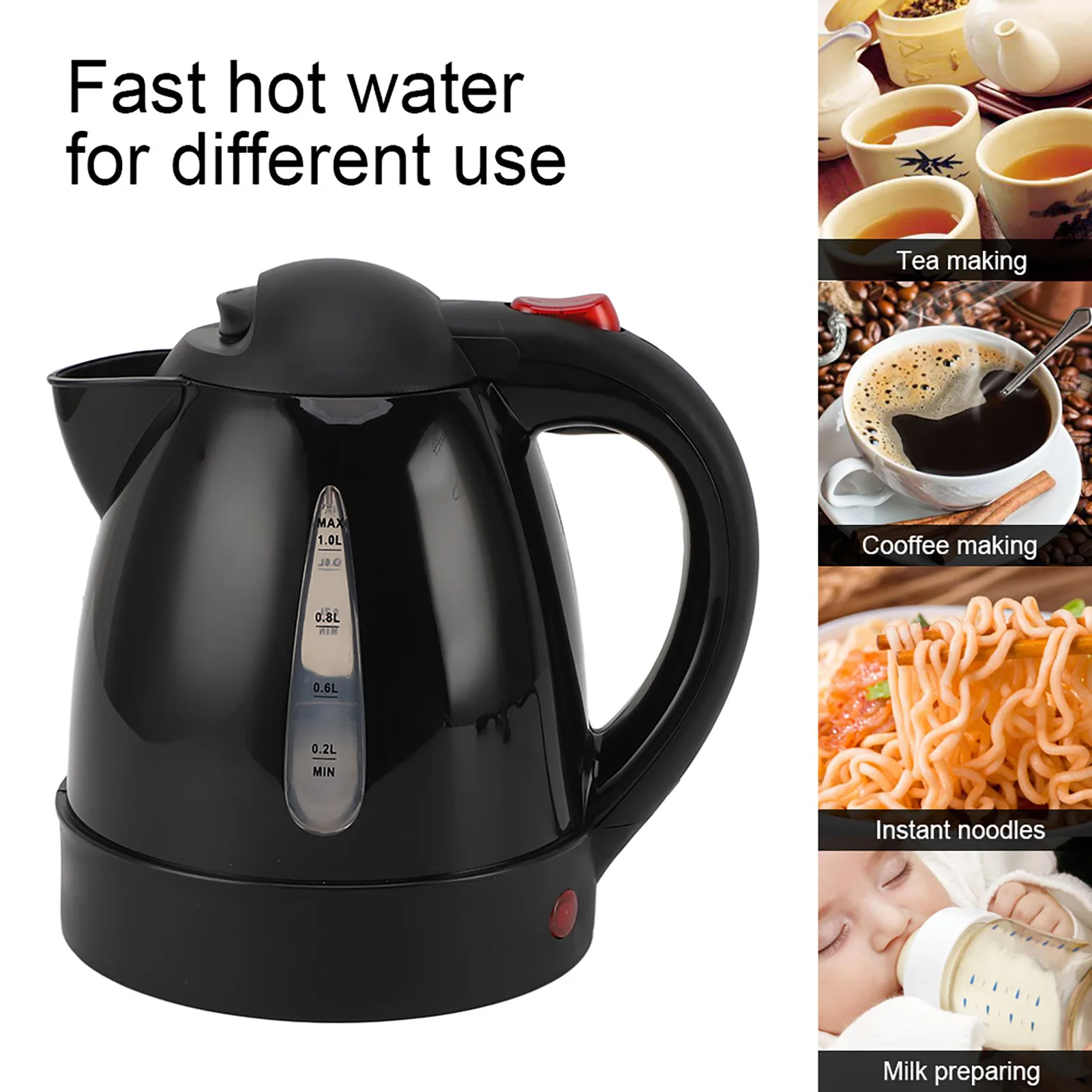 가열식 물 차 커피 주전자 24V 250W 수위창 1000ML 블랙 워터 보일러 히터 ABS 304 스테인리스 스틸 여행용