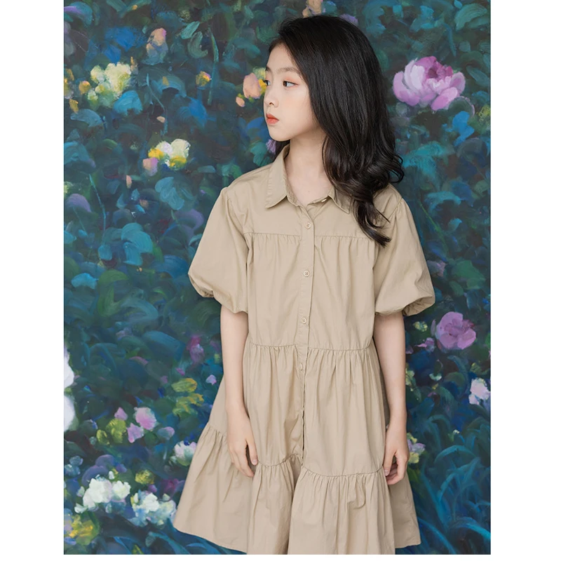 

Summer Dresses For Girls 8 10 12 Years Teenager Elegant Loose Khaki Shirt Dress European Baby Dresses
