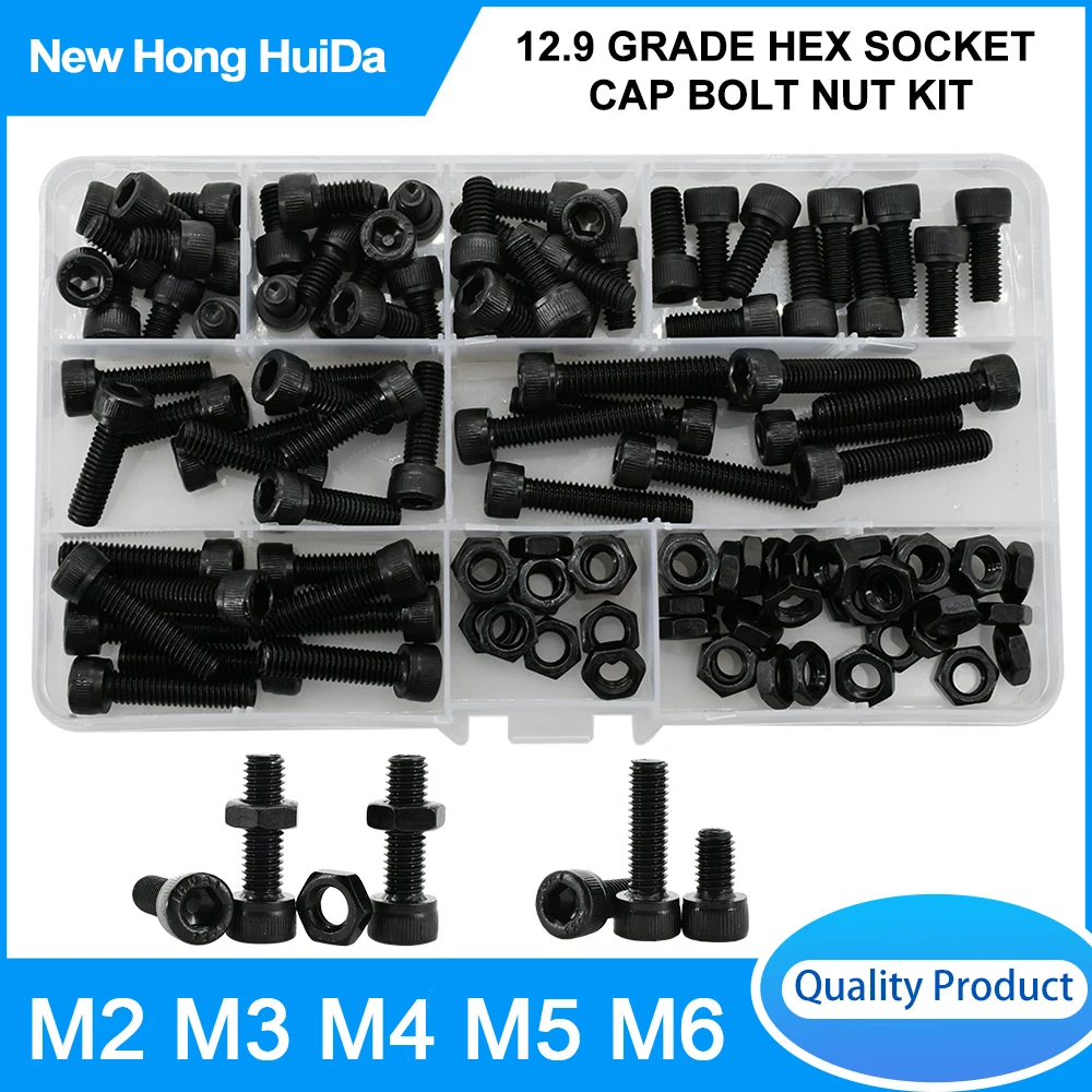 M2 M3 M4 M5 M6 Grade 12.9 Black Carbon Steel Screw Nut Set DIN912 A2 Hex Socket Cap Head Allen Machine Screws Bolts Nuts Kit