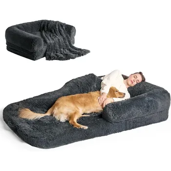 Foldable Human Dog Bed, Orthopedic Memory Foam Human Sized, Waterproof , Faux Fur Pet Couch for Adult, Dark Grey, 72 1