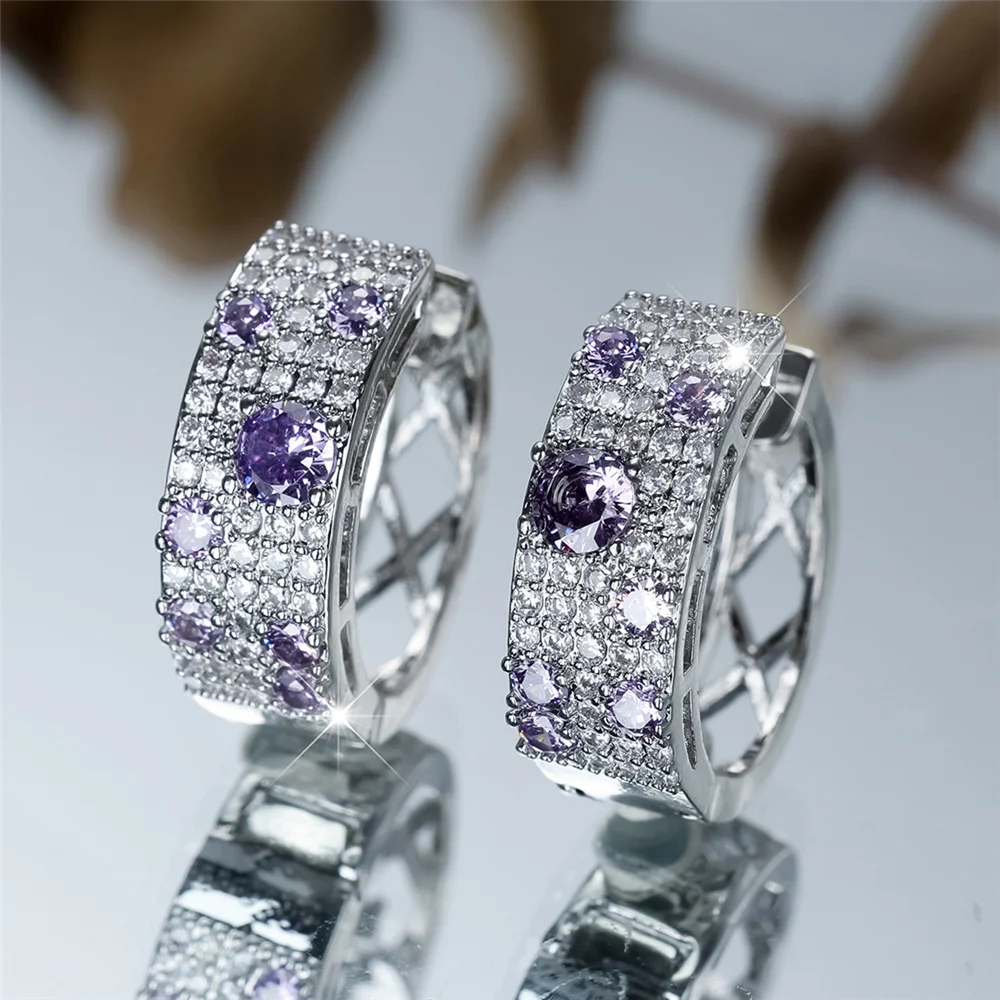 Cute Female White Purple Zircon Round Hoop Earrings Vintage Gold Color Simple Wedding Jewelry For Women
