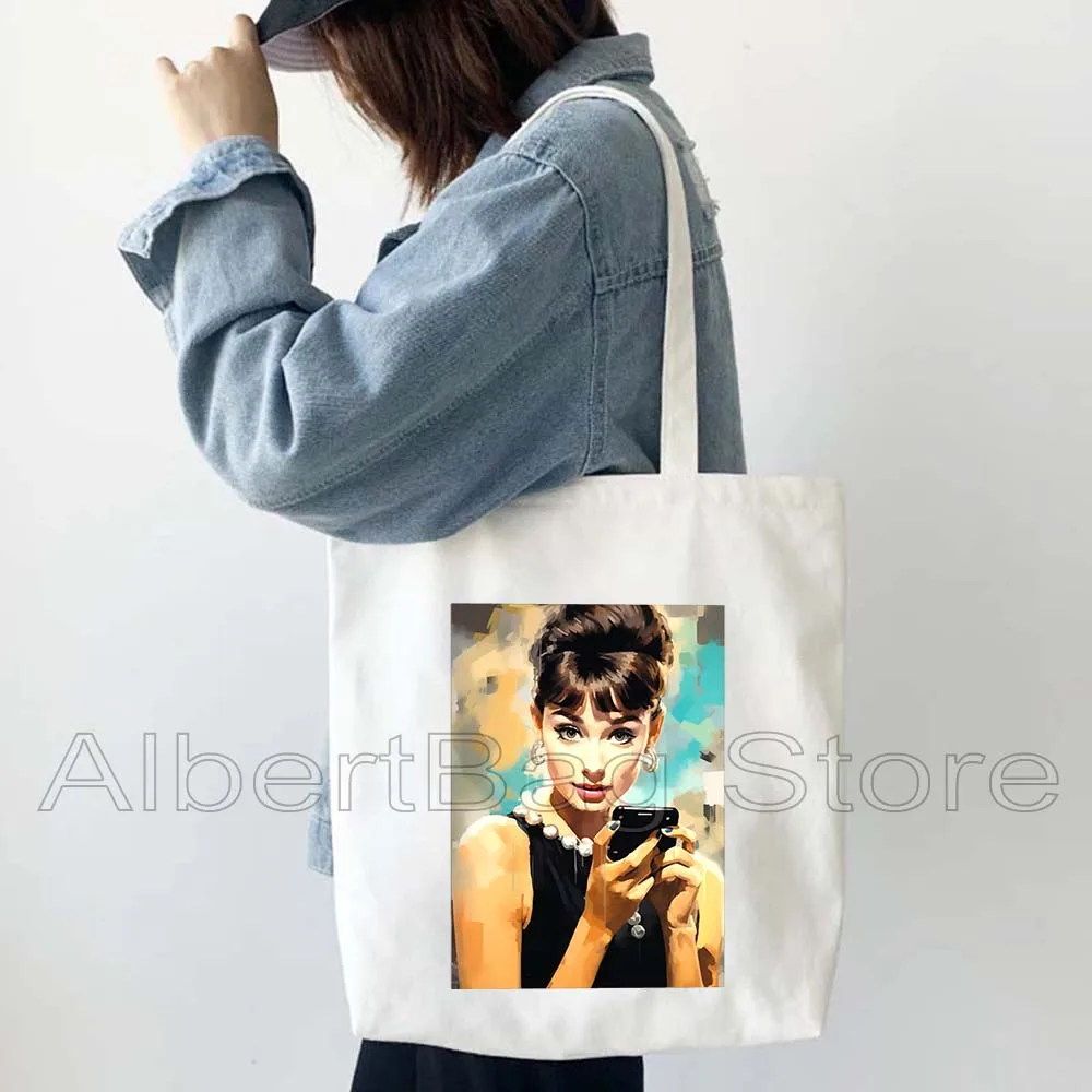 Canvas Tote Bag Shoulder Bag Retro Vintage Audrey Hepburn Pop Art Women Harajuku Handbag Shopper Reusable Foldable