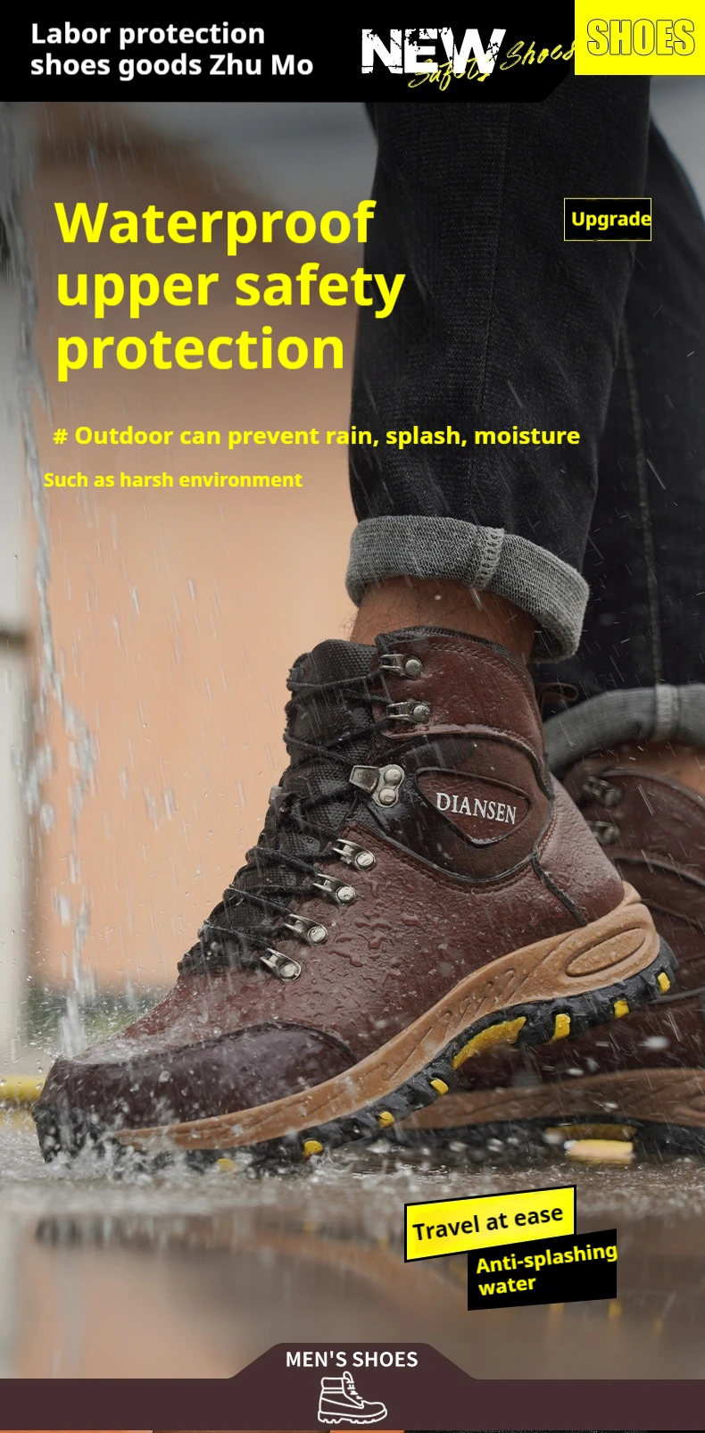 Unzerstörbare Bauarbeitsschuhe für Herren, Sicherheitsstiefel mit Stahlkappe, wasserabweisend, rutschfest, pannensicher, Arbeitsstiefel – Detail 5