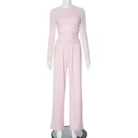 Apprabant Solid Pleated Casual Basic Trousers Set Round Neck Long Sleeve Top Fashion Sports Style High Waist Wide Leg Pants Suit - Image 5