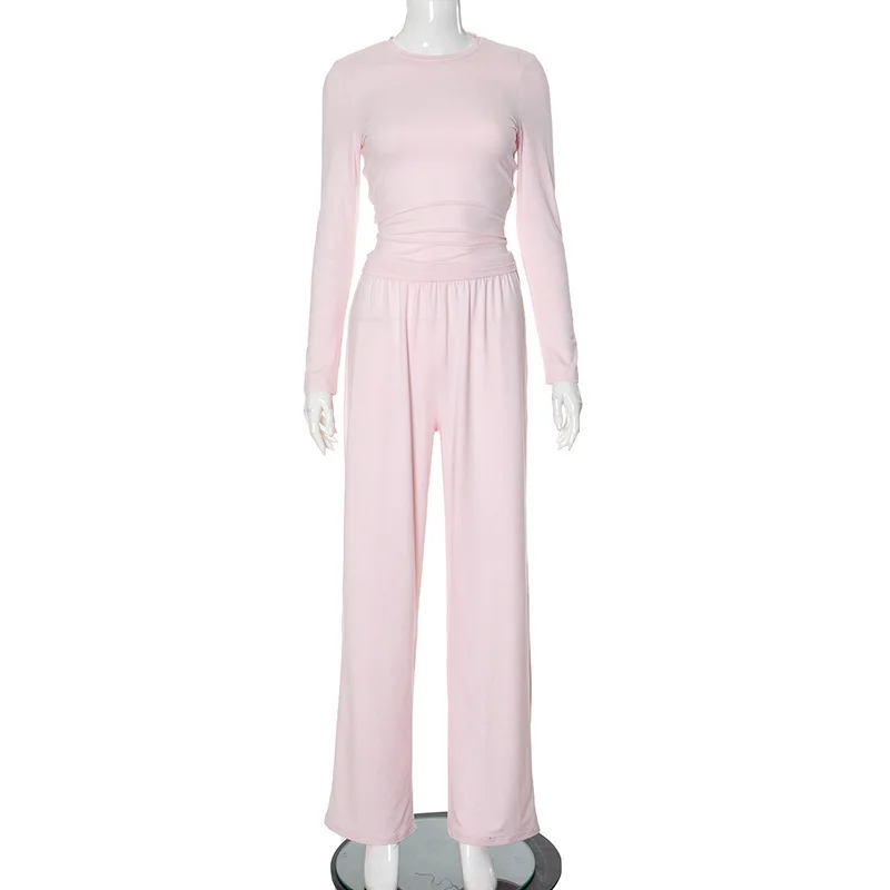 Apprabant Solid Pleated Casual Basic Trousers Set Round Neck Long Sleeve Top Fashion Sports Style High Waist Wide Leg Pants Suit 5