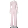 Apprabant Solid Pleated Casual Basic Trousers Set Round Neck Long Sleeve Top Fashion Sports Style High Waist Wide Leg Pants Suit 5