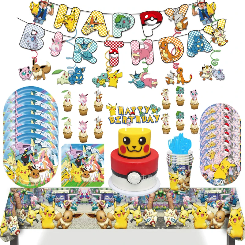 

New Pokemon party tableware anime figure cartoon Pikachu kids birthday party decor banner cake insert tablecloth party supplies