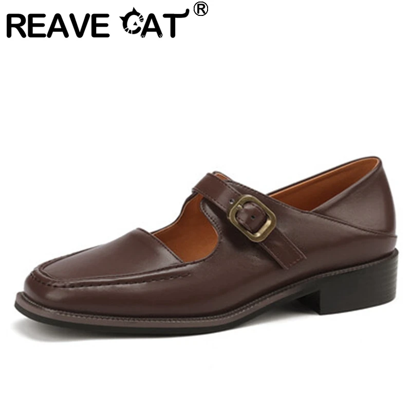 

REAVE CAT 2022 Women Shoes Flats Square Toe Buckle Strap Casual Sweet Big Size 31-43 Solid Black Brown Daily Spring Retro S3423