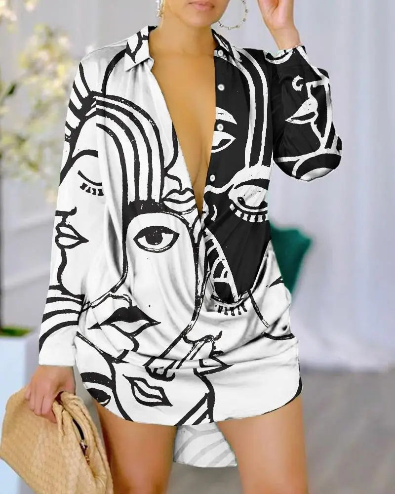 

Women Long Sleeve Shirt Dress Turn-Down Collar Face Print Club Party Dresses 2023 Casual Mini Dress
