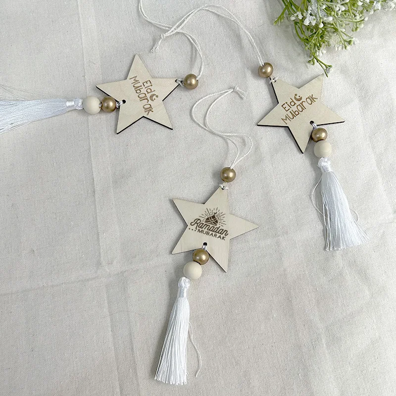 

3pcs wooden star Hanging Ornament Eid al-Fitr Ramadan Mubarak Muslim Islamic Kareem Tabletop tree home table decoration gift tag