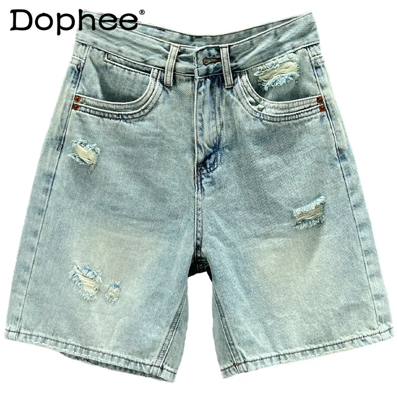 

Ripped Denim Shorts Women's Clothes 2023 New Summer High Waist Loose Slimming All-Matching Wide Leg Short Jeans Pants Streetwear
