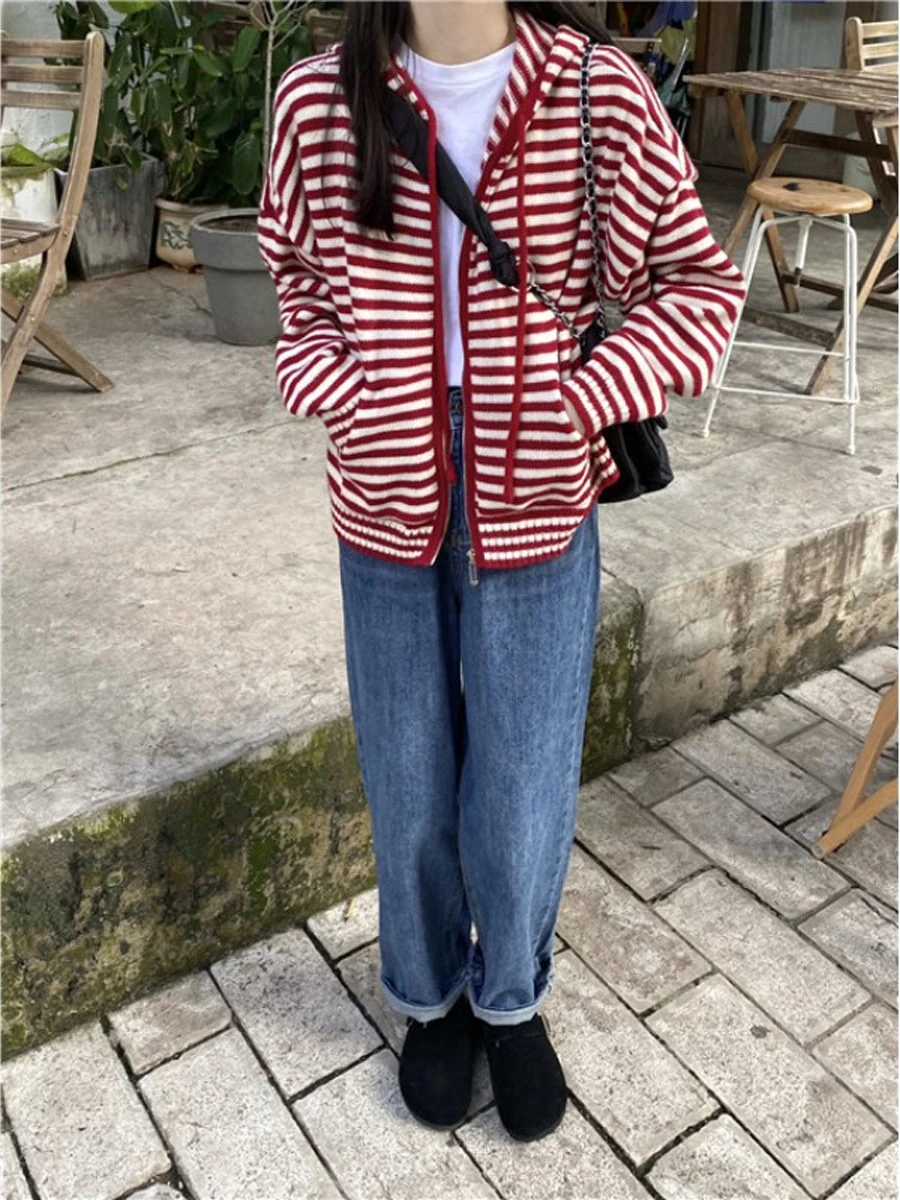 여성용 콘트라스트 스트라이프 후드 지퍼 스웨터 재킷, 캐주얼 긴팔 상의, 루즈 니트 가디건, 용수철 가을 신상