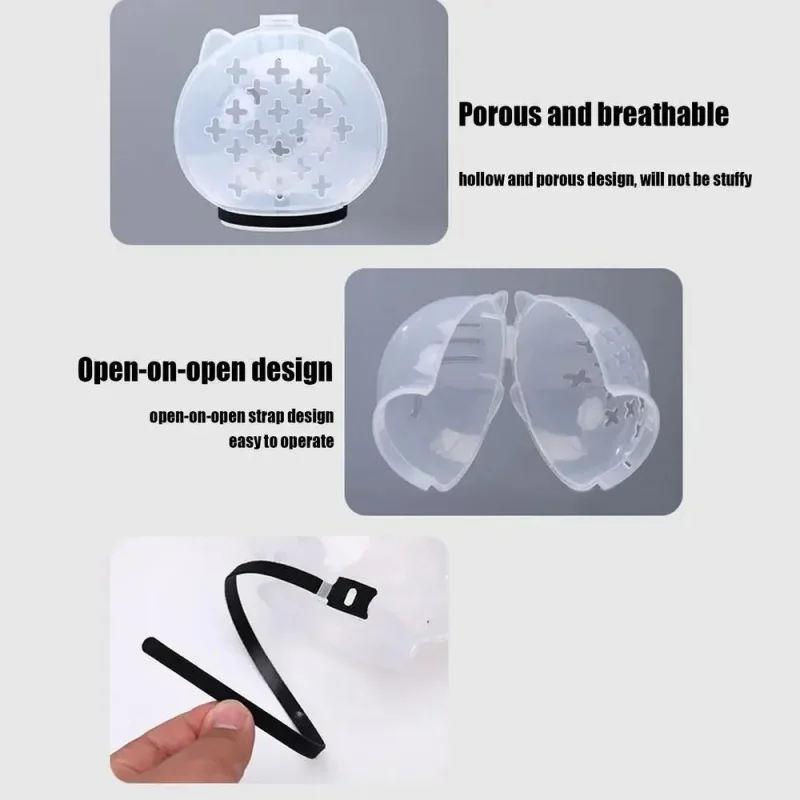 Three images display the KittyNook Cat Co. Calm Cat Transparent Protective Visor with detachable strap and openable design.