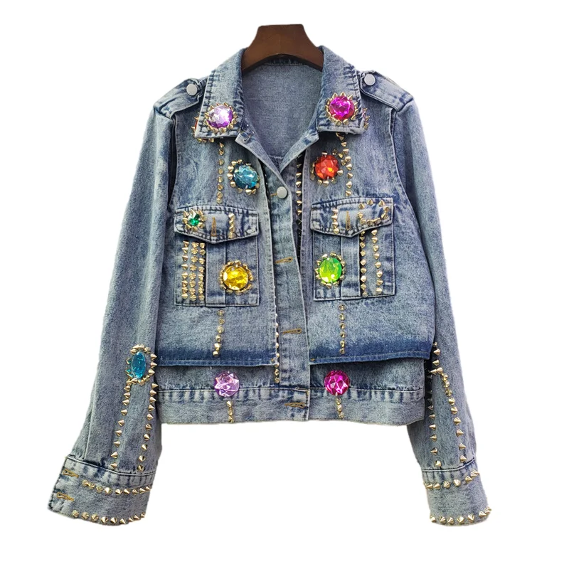 

Multicolour Diamonds Rivet Big Pocket Denim Jacket Women Loose Short Casual Cowboy Outwear Streetwear Korean Jeans Jacket Female