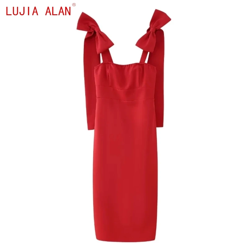 

New Women's Bowknot Decoration Sling Midi Dress Female Casual Back Zipper Slim Fit Vestidos LUJIA ALAN WD3969