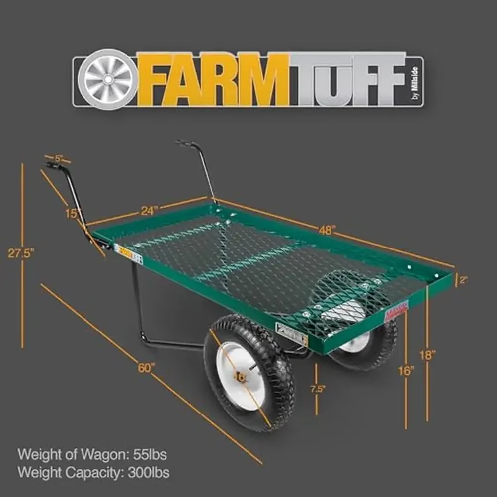 Metal Utility Push Cart 48"x27" Deck 16" Pneumatic Tires Green 300lb Capacity Easy-grip Handles Heavy-duty Structure 60"x24"x30"