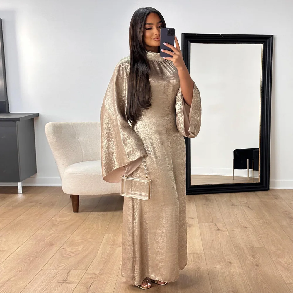 

Muslim Dresses for Women Stand Collar Flared Sleeves Evening Party Abaya Dubai Turk Islamic Clothing Ramadan Kaftan (No Scarf)
