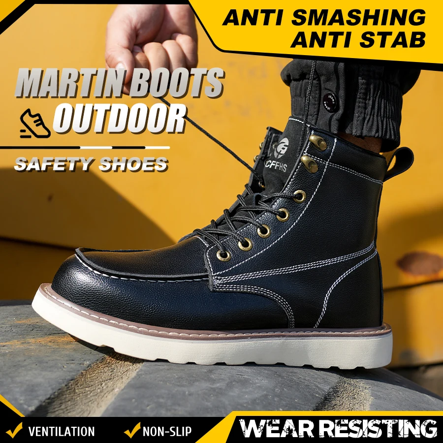Two layer cowhide men’s anti-smash anti-puncture high top work safety shoes BEST SELLERS