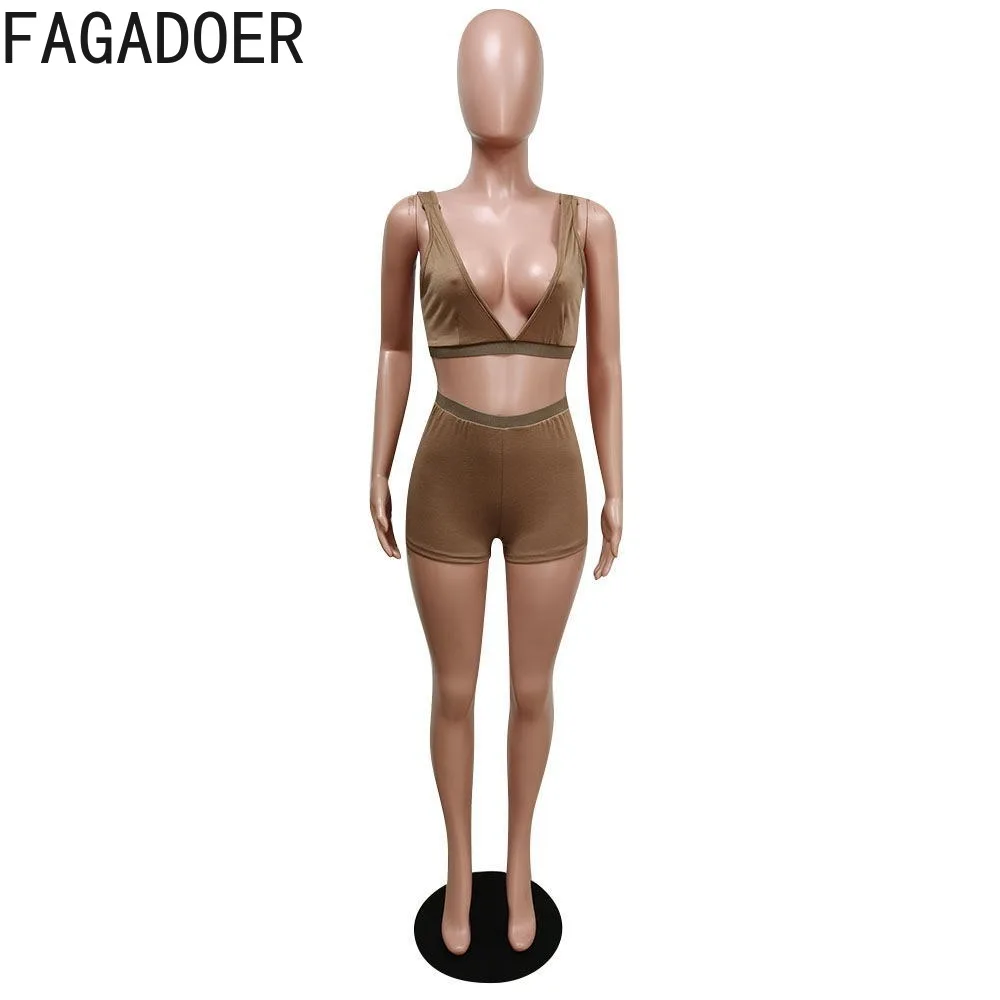 FAGADOER Summer New Solid Color Sporty Two Piece Sets Women V Neck Sleeveless Tank Top And Shorts Outfits Female 2pcs Tracksuits