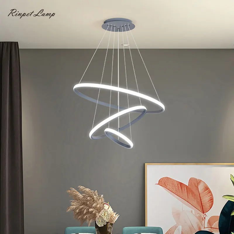 

Modern Chandeliers Creative Circular Grey Art Ring Lamp Living Room Restaurant Shop Pendant Lights Bedroom Indoor Decor Fixtures