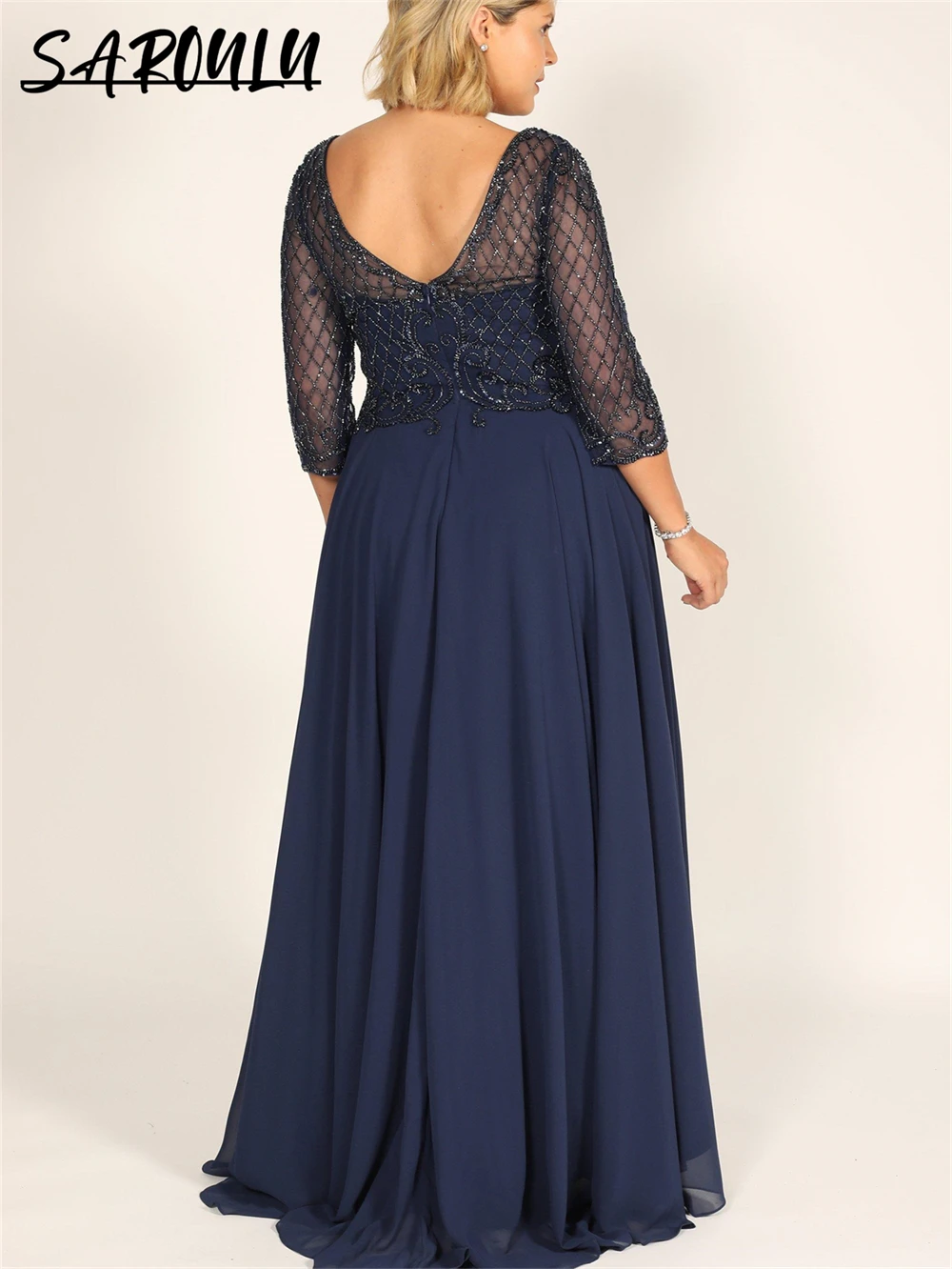 Long Sleeve Hand Beaded Mother Of The Bride Dress Lace Appliques Pleated Skirt Wedding Guest Dress Plus Size Party Gift For Mom