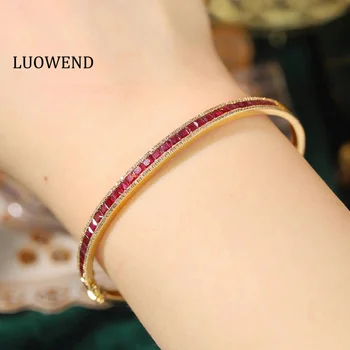 LUOWEND 18K Yellow Gold Bangle Luxury Shiny Style Real Natural Diamond Natural Ruby Bangle for Women High Party Jewelry