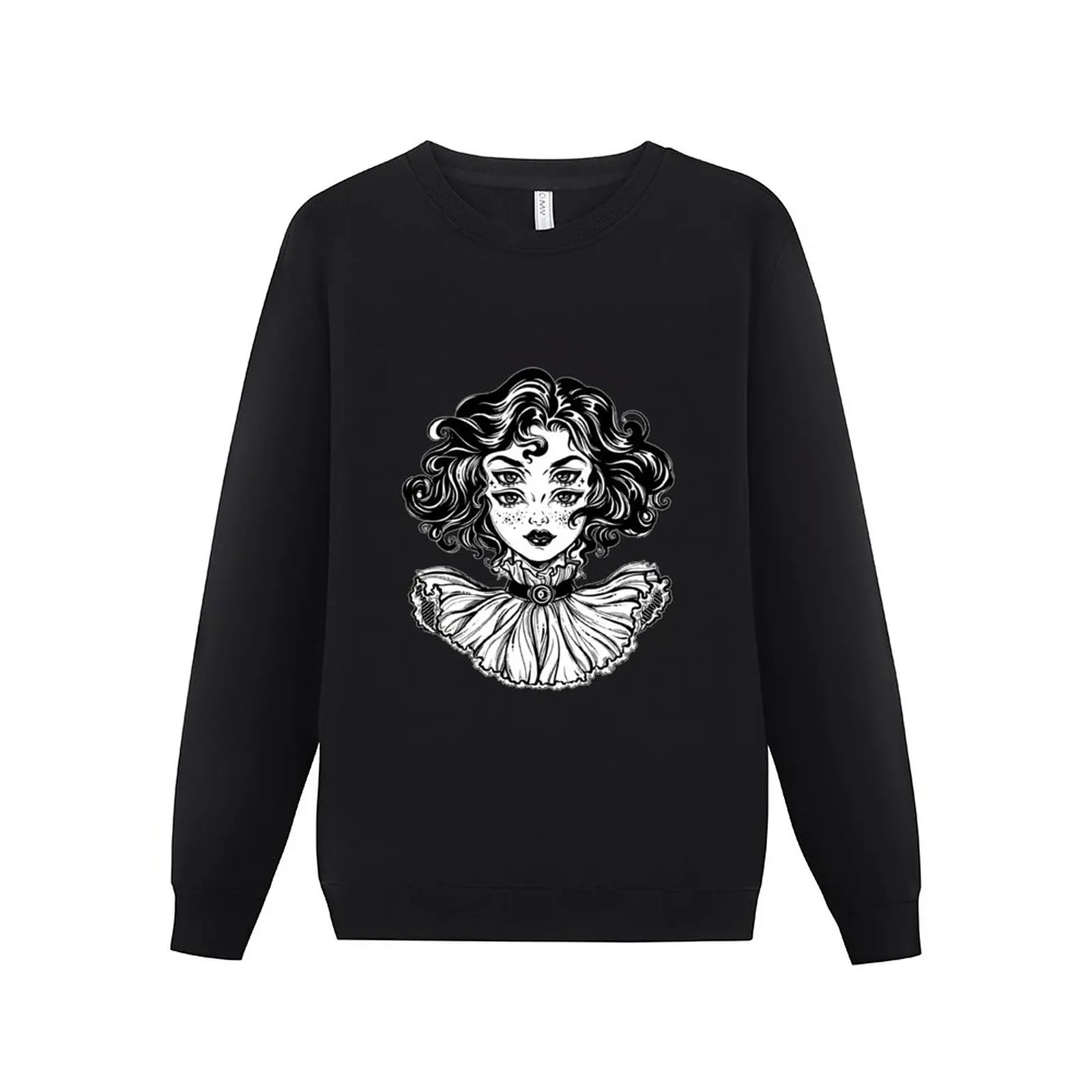 

New Gothic witch girl head portrait with curly hair and four eyes. Sweatshirt mens clothes sweatshirt for men