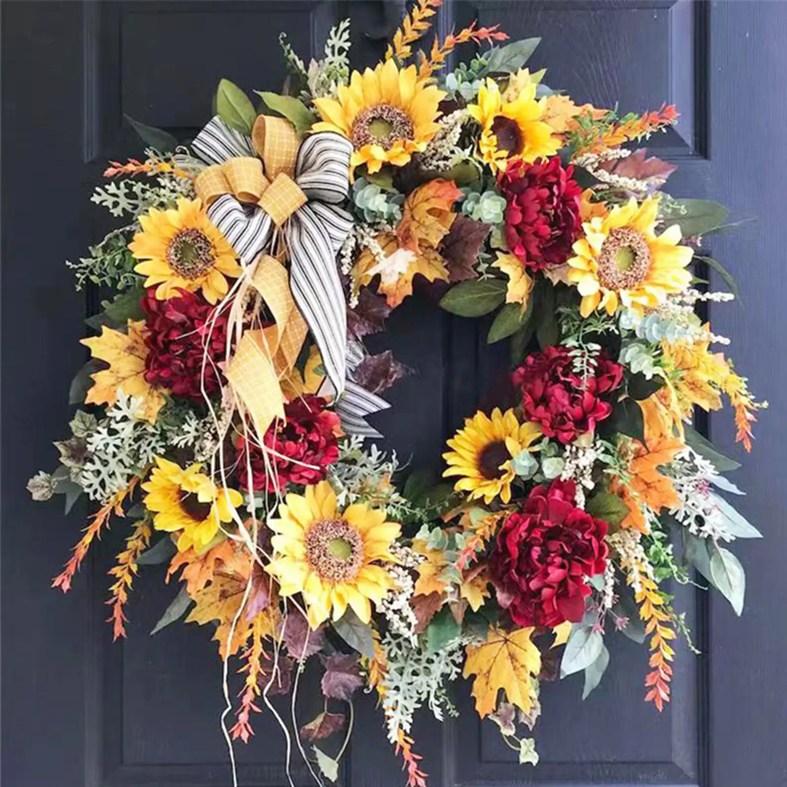 

45cm Artificial Hanging Sunflower Wreath Country French Wreath Fake Flower Welcome Sign Garland Front Door Decor for Home Party