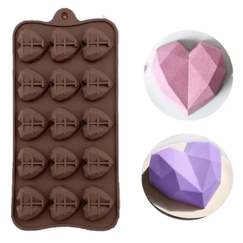 

New 2021 Cake Mold Decorations Cupcake Silicone Wedding Candy Baking Molds Diamond Love Shape 15 Cavity 3D Heart Chocolate Molds