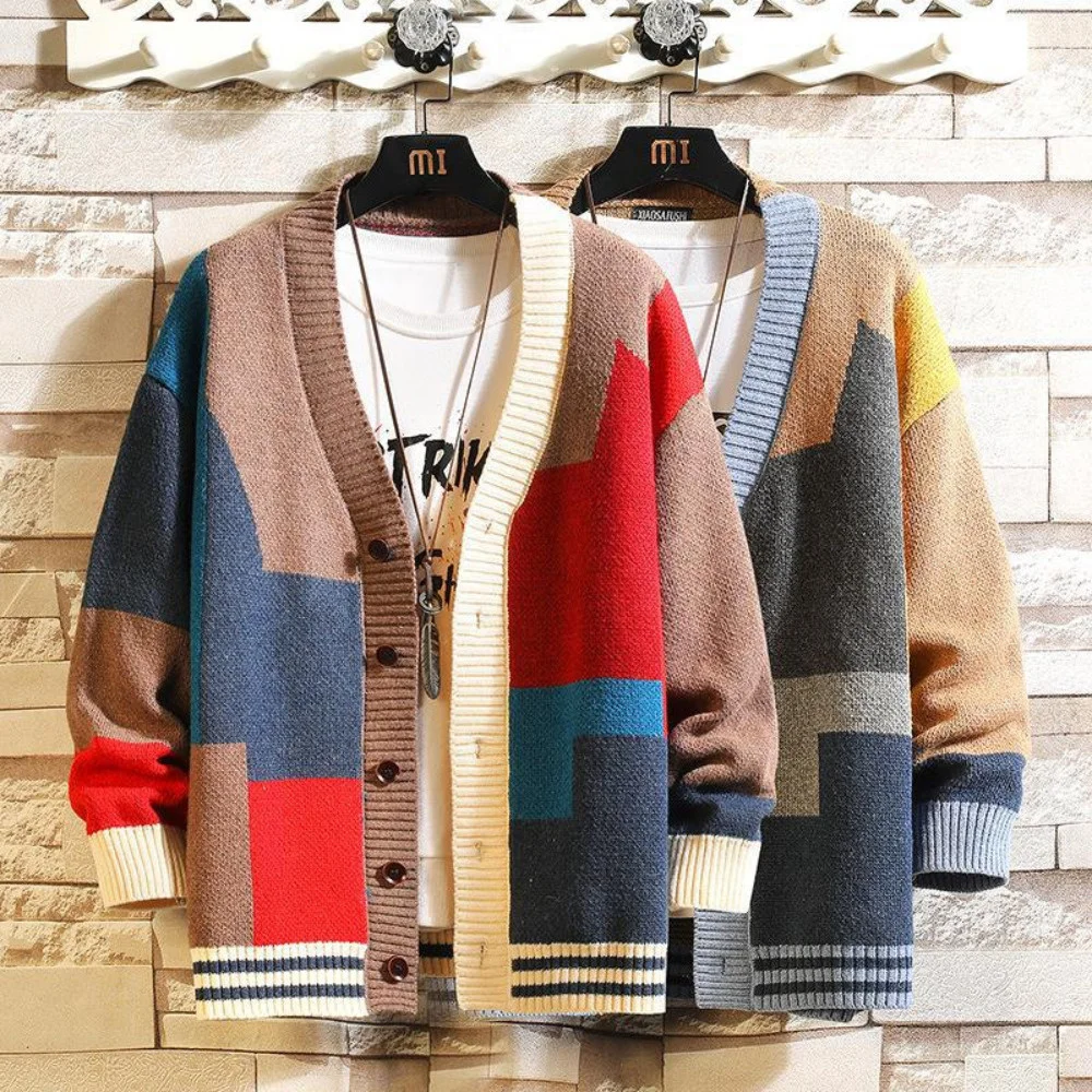 

The new men's colorful sweater cardigan splicing V-neck knitwear large size jacket