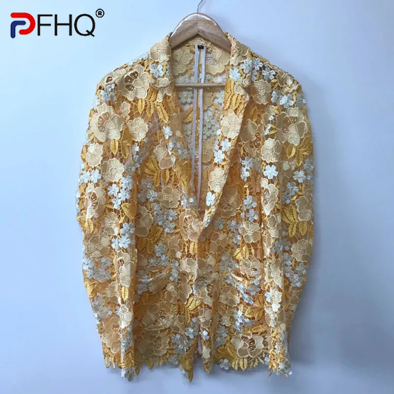

PFHQ Embroidery Hollow Out Blazers For Men's Single Breasted Perspective Personality Handsome Light Luxury Coat Autumn 21F3685