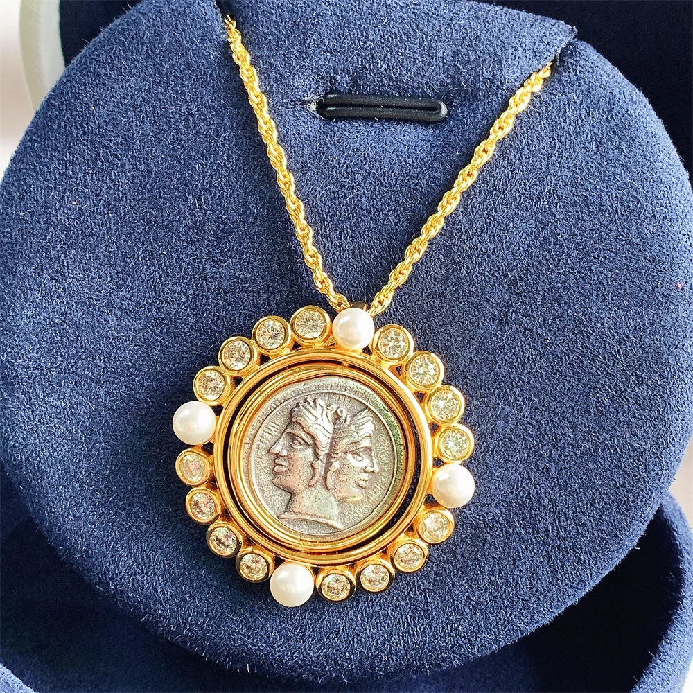 

European and American Fashion Luxury Ancient Coin Jewelry Necklace 925 Silver Ancient Roman Coin 18k Gold Banquet Gift Wholesale