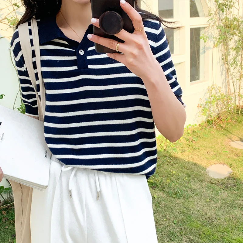 

Women Knitting Striped Short-sleeve T-shirt Summer Ice Silk V-neck Shirt Block Color Female Cotton Tees Fashion Lady Clothes Top