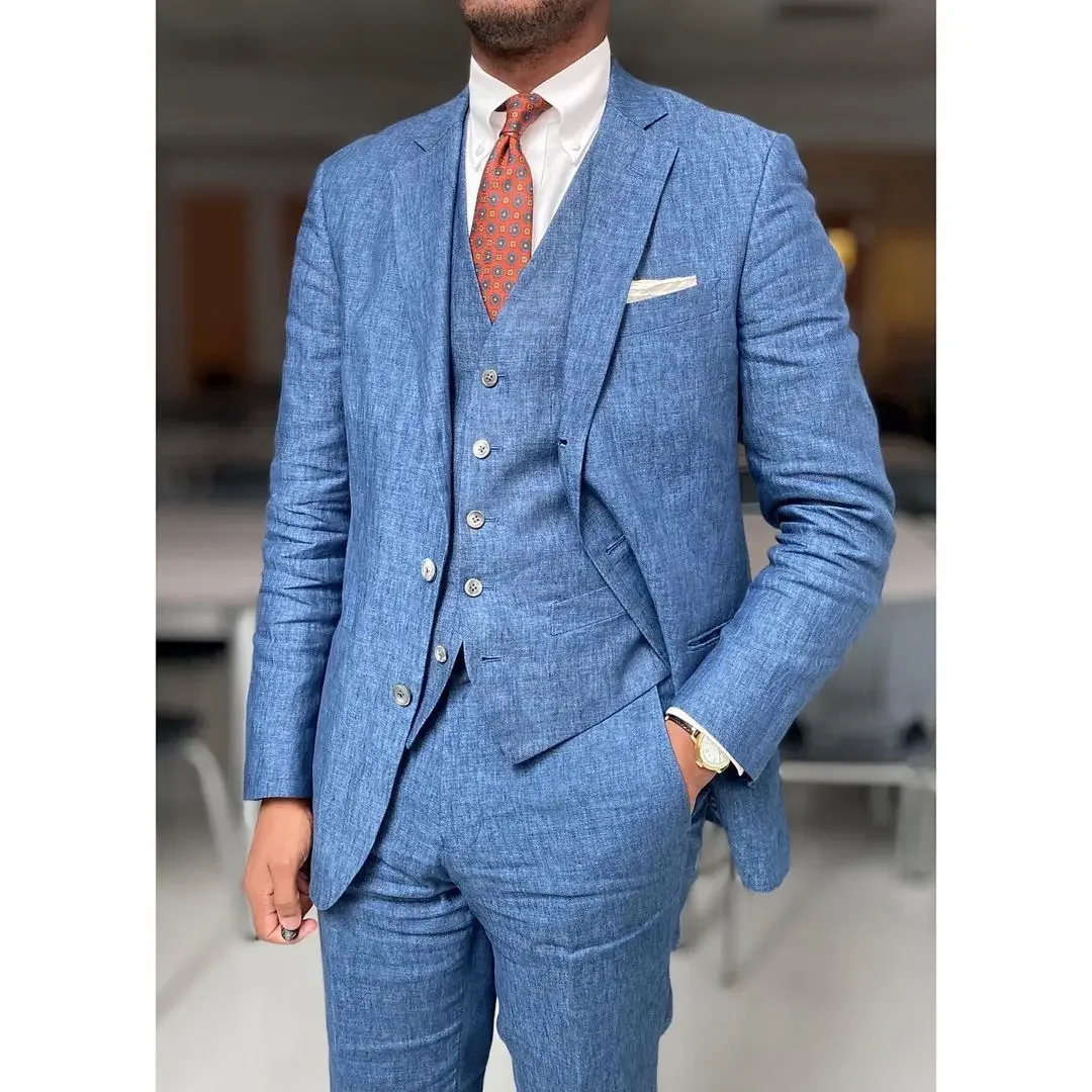 2024 Blue Summer Linen Business Suits For Men Smart Casual Slim Fit Blazer Hombre High Quality Custom 3 Piece Set Costume Homme