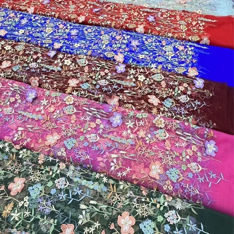 다채로운 색상의 새로운 입체적인 숲꽃 바다 자수 메쉬 레이스 원단 수제 웨딩 드레스 의류 액세서리