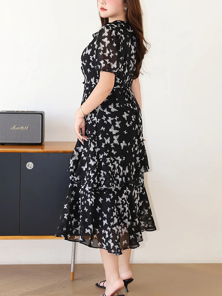 Plus Size Women's V-Neck Ruffle Butterfly Floral Tea Dress Premium Elegant Print Puff Sleeve A-Line Maxi Dress With Ruffled Hem