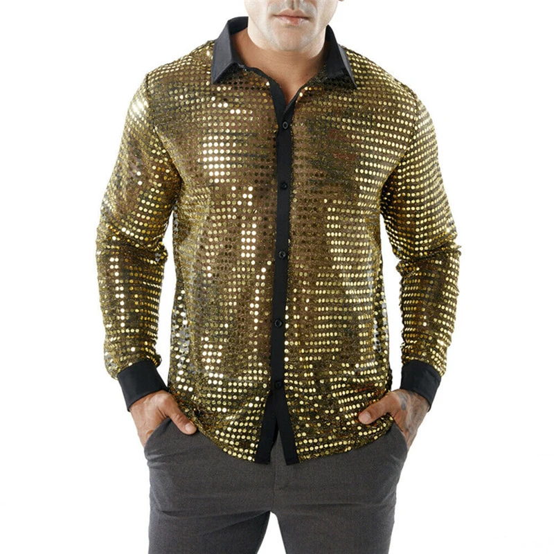 Mens Sheer Sequins Shirt Long Sleeve Turn Down Collar Button Dot Shirts Luxury Disco Party Blouse Tops button down shirt men mesh shirts