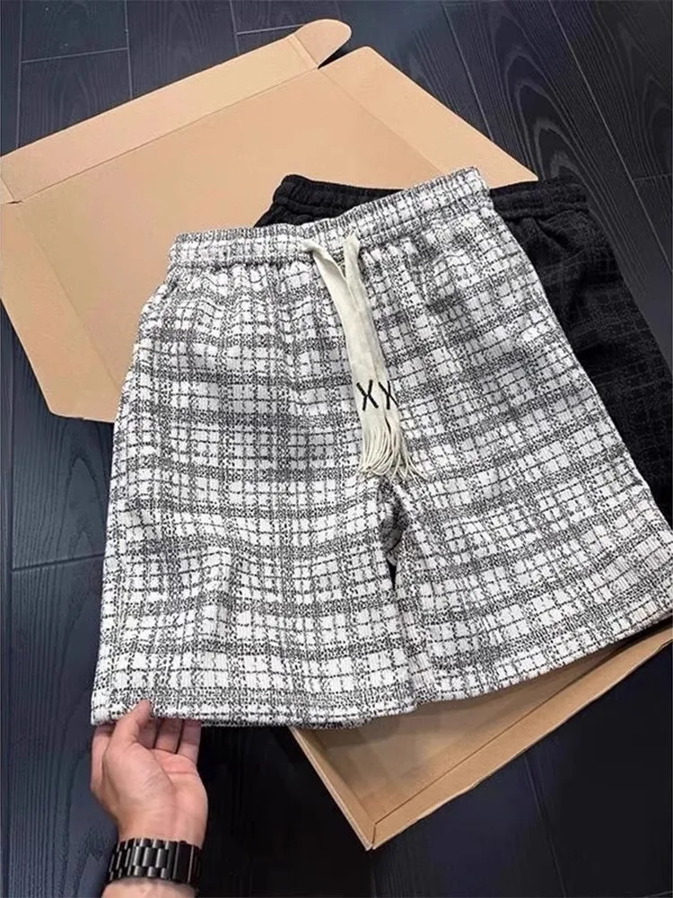 Summer Men's Plaid Tie-Dye orts Beach Five-Quarter Length Spor High-End Feel Loose Fit Polyester Fiber Straight Leg