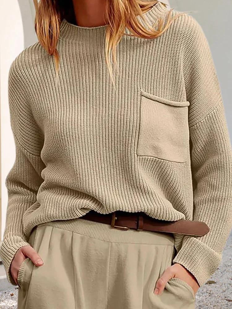 

Однотонный осенне-зимний элегантный женский свитер, пуловер 2023, базовый карман, круглый вырез, свободный крой, джемпер, винтажные вязаные свитера для женщин