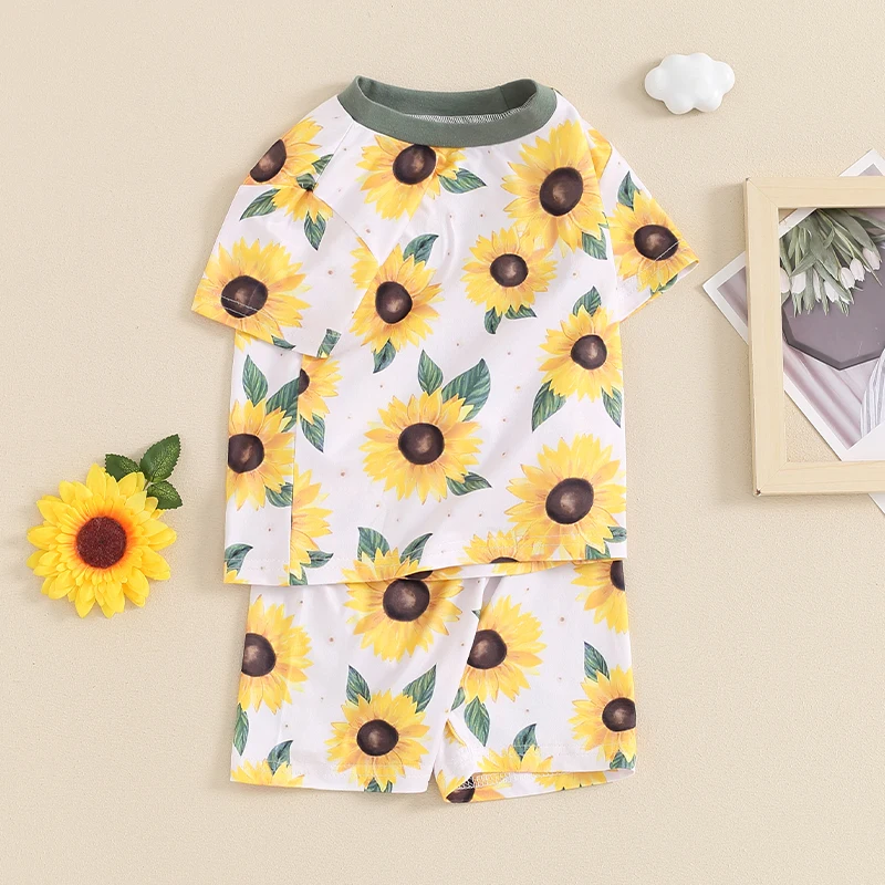 Description Picture 4 of itemGirls Summer 2PCS Shorts Sets Short Sleeve Crewneck Sunflower Print Tops Shorts Sets